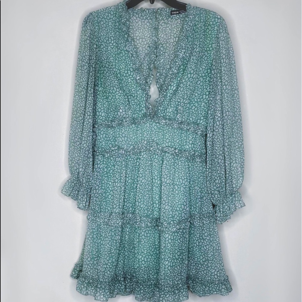 Flowy Minty-Sage Dalmatian Print Open Back Dress